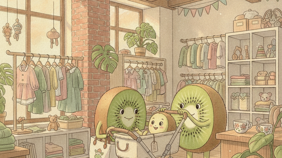 Illustration Petit Kiwi style Ghibli : personnages kiwi-fruits examinant une poussette en seconde main dans la boutique Petit Kiwi à Eghezée, aquarelle chaleureuse