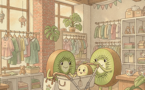 Illustration Petit Kiwi style Ghibli : personnages kiwi-fruits examinant une poussette en seconde main dans la boutique Petit Kiwi à Eghezée, aquarelle chaleureuse