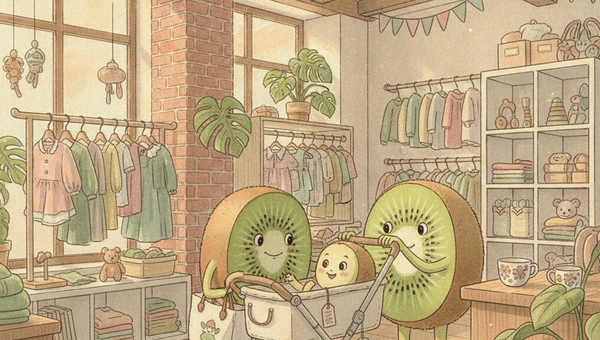 Illustration Petit Kiwi style Ghibli : personnages kiwi-fruits examinant une poussette en seconde main dans la boutique Petit Kiwi à Eghezée, aquarelle chaleureuse