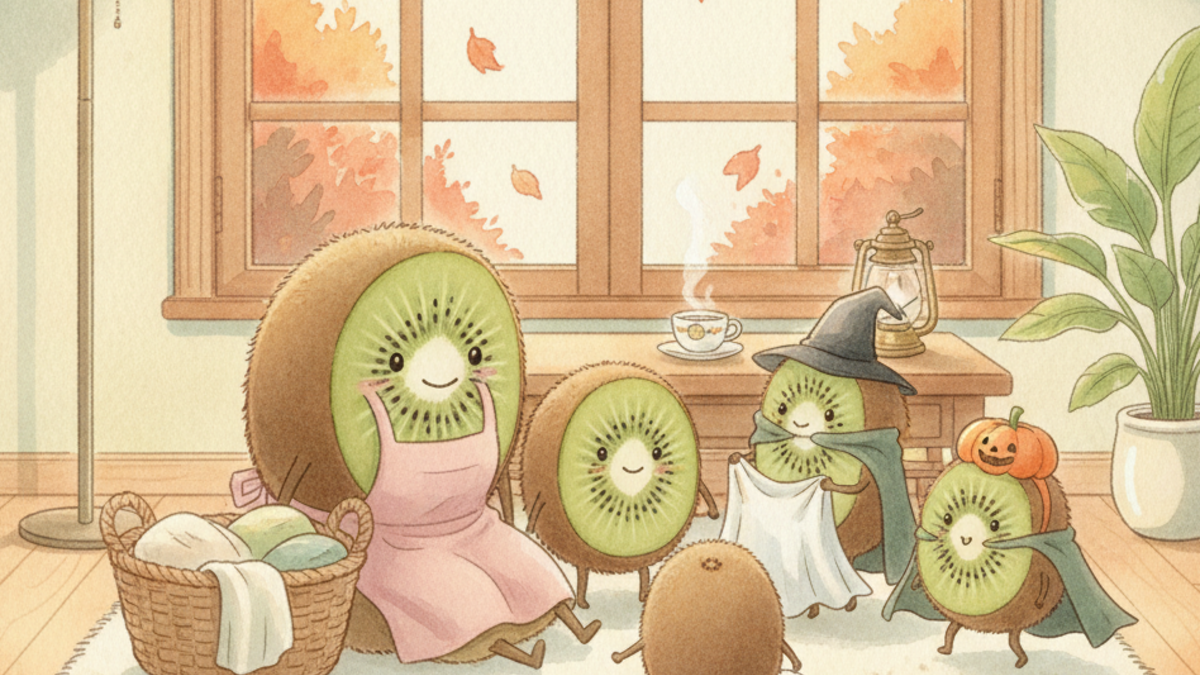 Illustration aquarelle style Ghibli : enfants kiwi qui essaient des déguisements d'Halloween en seconde main chez Petit Kiwi