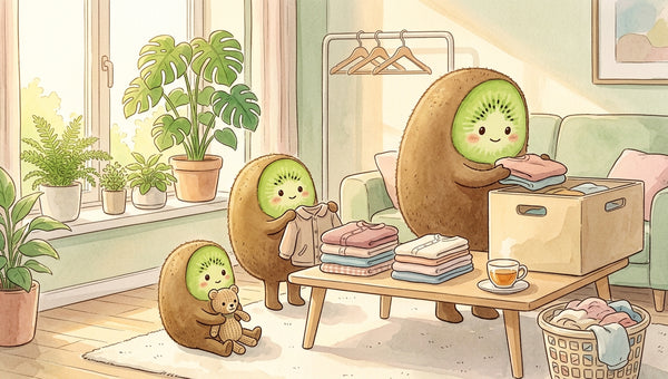 Maman kiwi-fruit et ses enfants triant des vêtements devenus trop petits à la maison, préparant une caisse de dépôt pour Petit Kiwi, illustration aquarelle style Ghibli