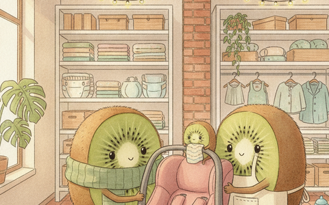 Illustration aquarelle style Ghibli : personnages kiwi-fruits en famille dans un intérieur belge chaleureux, avec un siège auto d'occasion, seconde main Petit Kiwi
