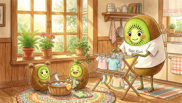 Illustration Petit Kiwi : maman kiwi étend des vêtements d'enfants en seconde main, scène domestique chaleureuse aux couleurs pastel.