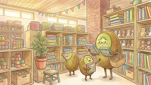 Famille kiwi-fruit au rayon jouets éducatifs de Petit Kiwi — jeux de société, livres jeunesse, jouets en bois — illustration aquarelle style Ghibli