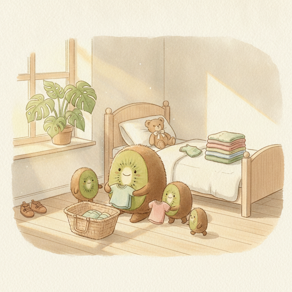Illustration Petit Kiwi — personnages kiwi-fruit triant des vêtements d'enfants dans une chambre ensoleillée, seconde main et préparation de la rentrée