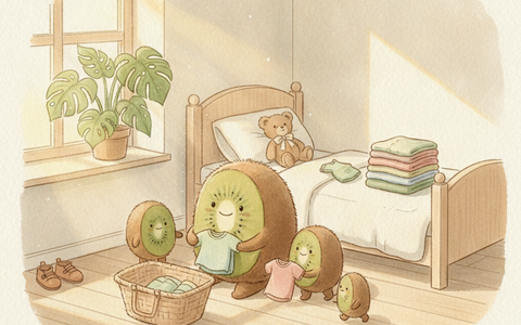 Illustration Petit Kiwi — personnages kiwi-fruit triant des vêtements d'enfants dans une chambre ensoleillée, seconde main et préparation de la rentrée