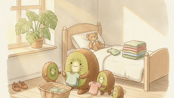 Illustration Petit Kiwi — personnages kiwi-fruit triant des vêtements d'enfants dans une chambre ensoleillée, seconde main et préparation de la rentrée