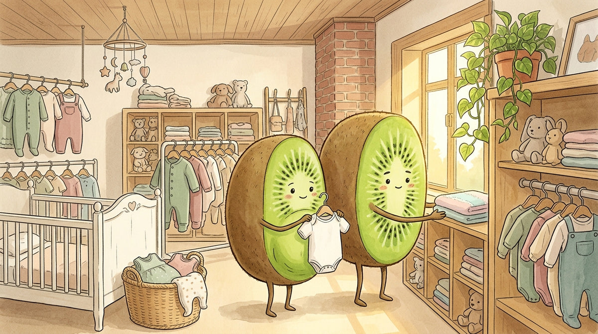 Couple kiwi-fruit dans la boutique Petit Kiwi à Eghezée préparant l'arrivée de bébé avec des vêtements et de la puériculture de seconde main, illustration aquarelle style Ghibli