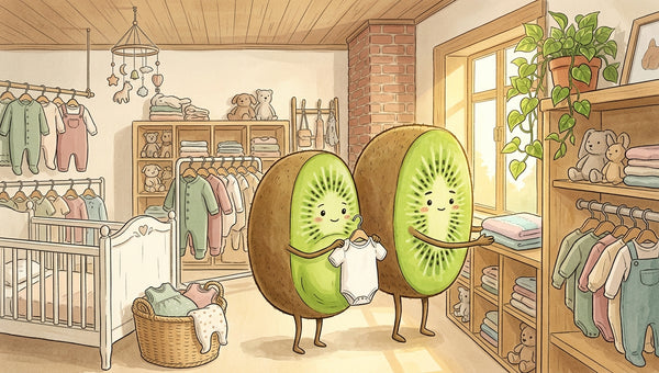 Couple kiwi-fruit dans la boutique Petit Kiwi à Eghezée préparant l'arrivée de bébé avec des vêtements et de la puériculture de seconde main, illustration aquarelle style Ghibli