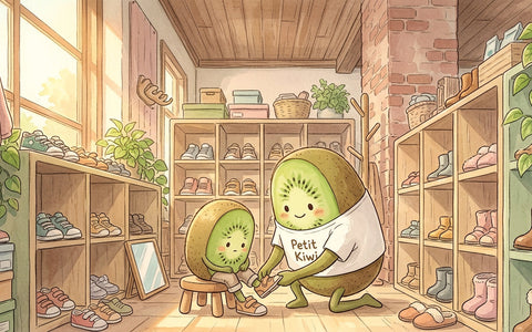 Vendeuse Petit Kiwi en t-shirt blanc aidant un enfant à essayer des chaussures de seconde main dans la boutique à Eghezée, illustration aquarelle style Ghibli