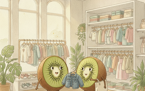 Illustration Petit Kiwi — personnages kiwi-fruit en boutique de seconde main, ado qui découvre une veste avec bonheur, style aquarelle Ghibli