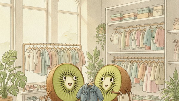 Illustration Petit Kiwi — personnages kiwi-fruit en boutique de seconde main, ado qui découvre une veste avec bonheur, style aquarelle Ghibli