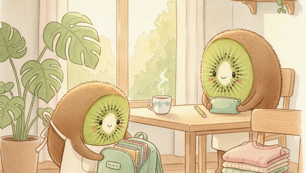 Illustration Petit Kiwi seconde main rentrée scolaire — famille kiwi-fruit préparant les cartables et fournitures pour l'école