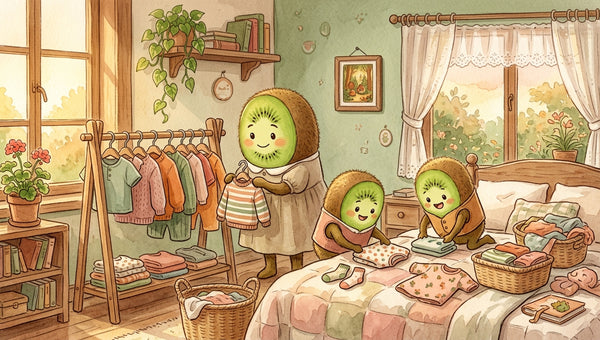 Famille kiwi-fruit organisant une garde-robe capsule enfant dans une chambre chaleureuse, illustration aquarelle style Ghibli pour Petit Kiwi seconde main