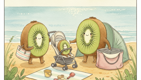 Illustration aquarelle de la famille Petit Kiwi en vacances d'été avec bébé, matériel de voyage seconde main