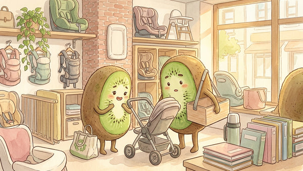 Famille kiwi-fruit découvrant des articles de puériculture d'occasion — poussette, siège-auto, porte-bébé — dans la boutique Petit Kiwi à Eghezée, illustration aquarelle style Ghibli