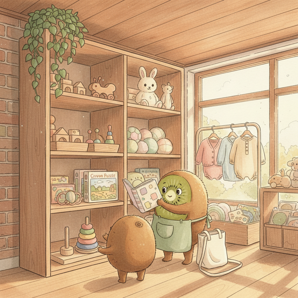Famille kiwi-fruit choisissant des jouets en bois dans la boutique Petit Kiwi à Eghezée, illustration aquarelle style Ghibli pour notre guide seconde main par âge.