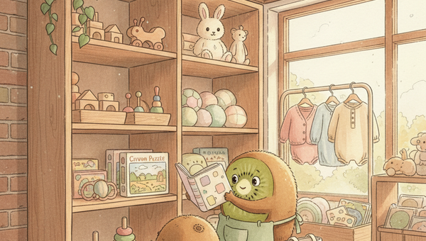 Famille kiwi-fruit choisissant des jouets en bois dans la boutique Petit Kiwi à Eghezée, illustration aquarelle style Ghibli pour notre guide seconde main par âge.