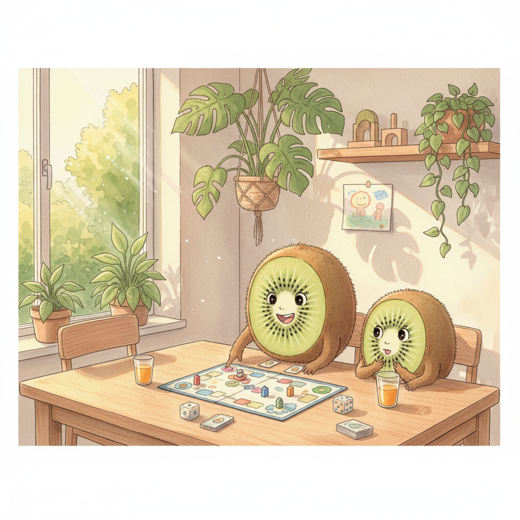 Famille kiwi jouant ensemble à un jeu de société autour d'une table — Petit Kiwi, seconde main pour enfants à Eghezée, Belgique