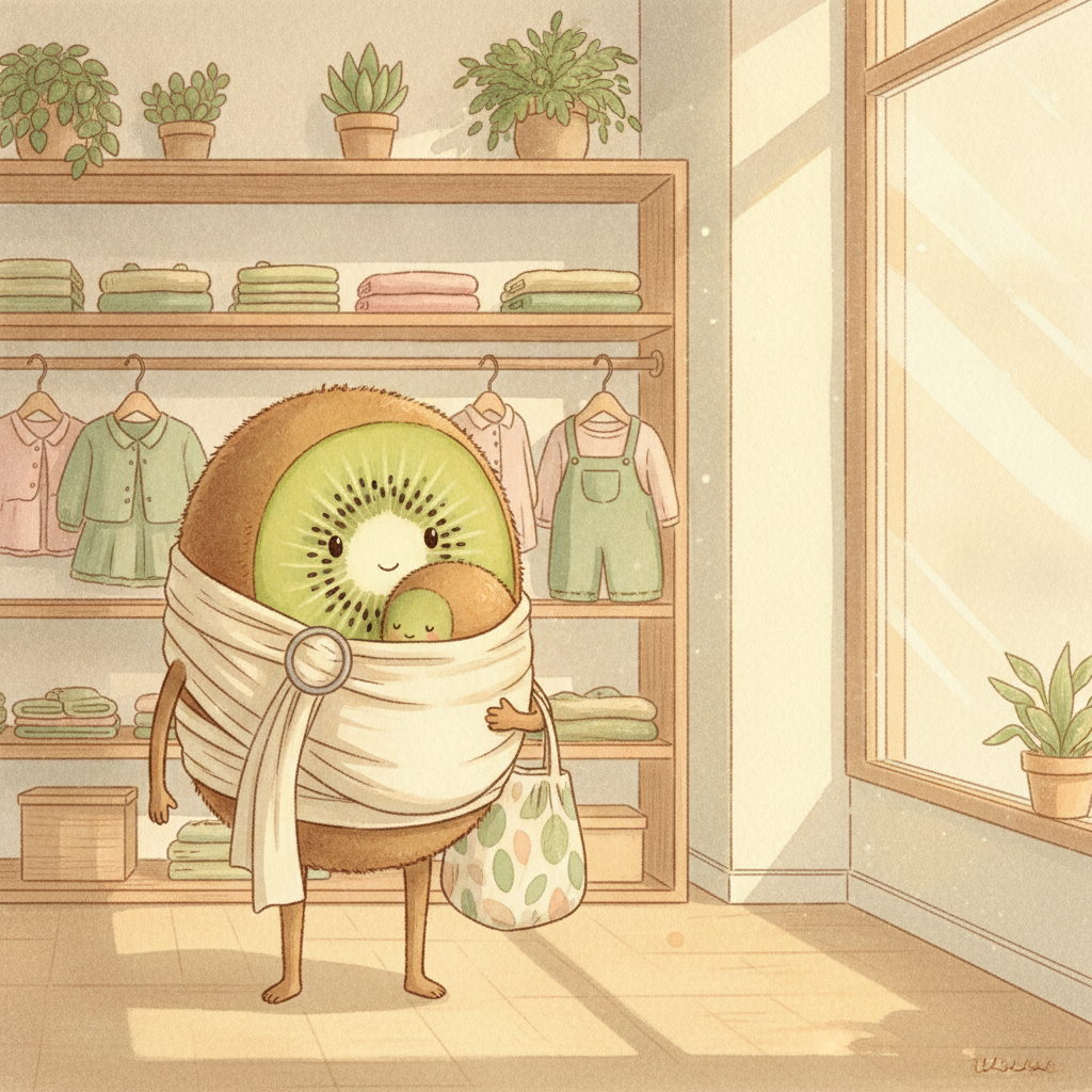 Illustration aquarelle d'un personnage kiwi portant un bébé en écharpe de portage, chez Petit Kiwi, seconde main