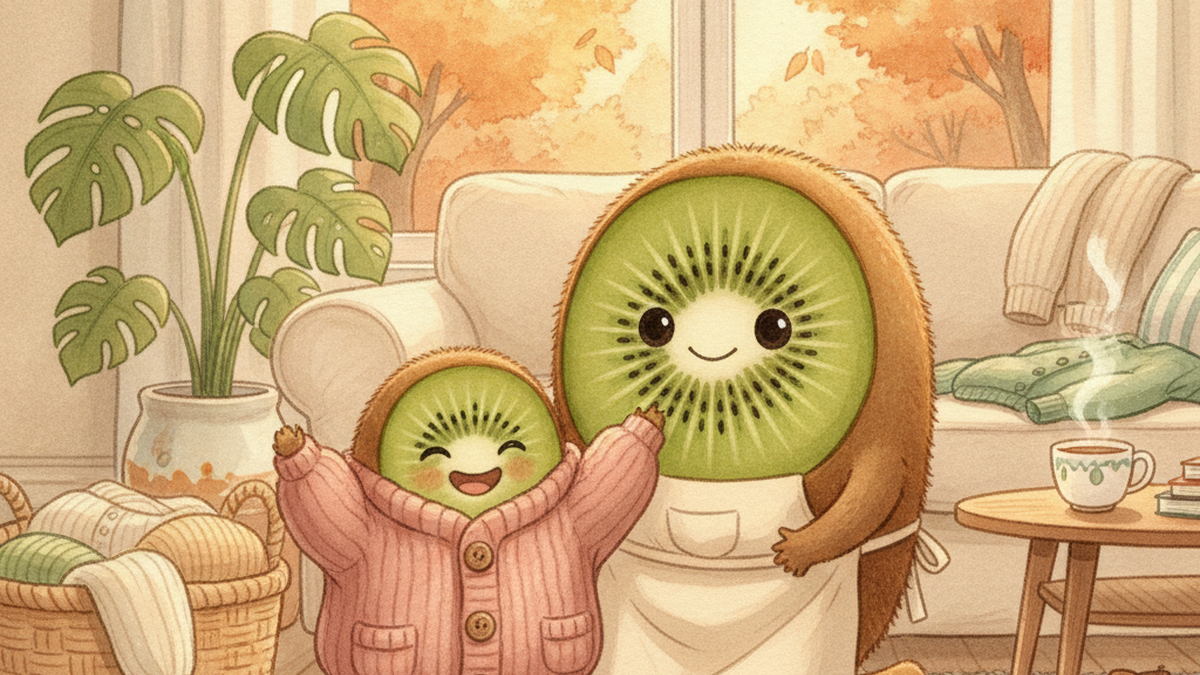 Illustration Petit Kiwi : Maman Kiwi trie des vêtements d'automne pour enfants dans un salon chaleureux, seconde main
