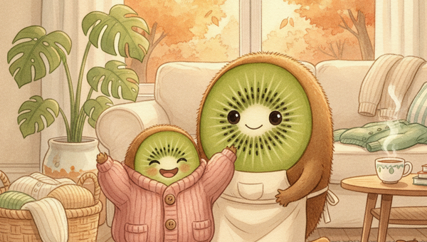 Illustration Petit Kiwi : Maman Kiwi trie des vêtements d'automne pour enfants dans un salon chaleureux, seconde main