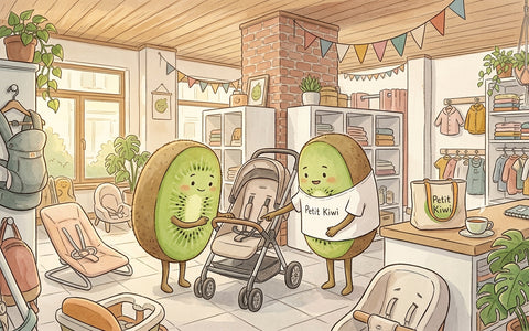Illustration Petit Kiwi : une maman et une vendeuse inspectent ensemble une poussette d'occasion dans la boutique de seconde main pour enfants.