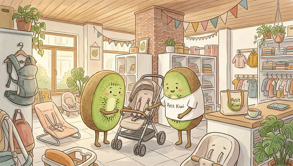Illustration Petit Kiwi : une maman et une vendeuse inspectent ensemble une poussette d'occasion dans la boutique de seconde main pour enfants.