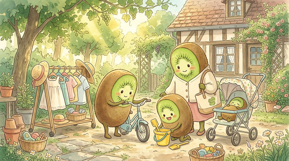 Famille de personnages kiwi qui choisissent des vêtements d'été et des jeux d'extérieur d'occasion — Petit Kiwi, seconde main pour enfants à Eghezée