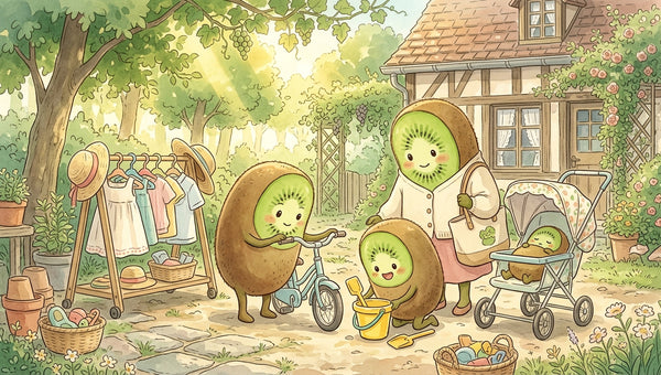 Famille de personnages kiwi qui choisissent des vêtements d'été et des jeux d'extérieur d'occasion — Petit Kiwi, seconde main pour enfants à Eghezée