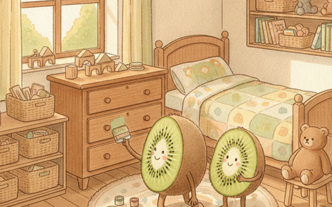 Deux personnages kiwi repeignent une commode dans une chambre d'enfant, mobilier de seconde main Petit Kiwi