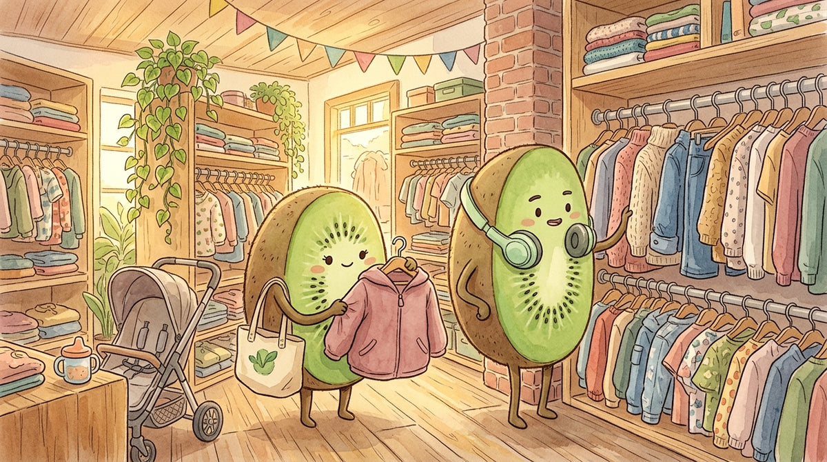 Maman kiwi-fruit et son ado parcourant les portants de vêtements de marque en seconde main chez Petit Kiwi à Eghezée, illustration aquarelle style Ghibli