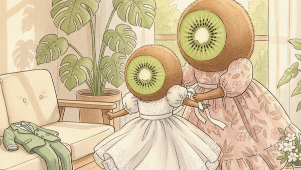 Personnages kiwi-fruit habillés pour une cérémonie familiale, tenues élégantes pour enfants en seconde main — Petit Kiwi