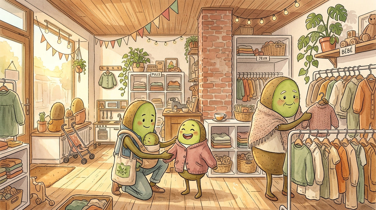 Famille de kiwi-fruits multigénérationnelle dans la boutique Petit Kiwi à Eghezée, choisissant des vêtements de seconde main pour enfants — illustration aquarelle style Ghibli évoquant la mode éco-responsable