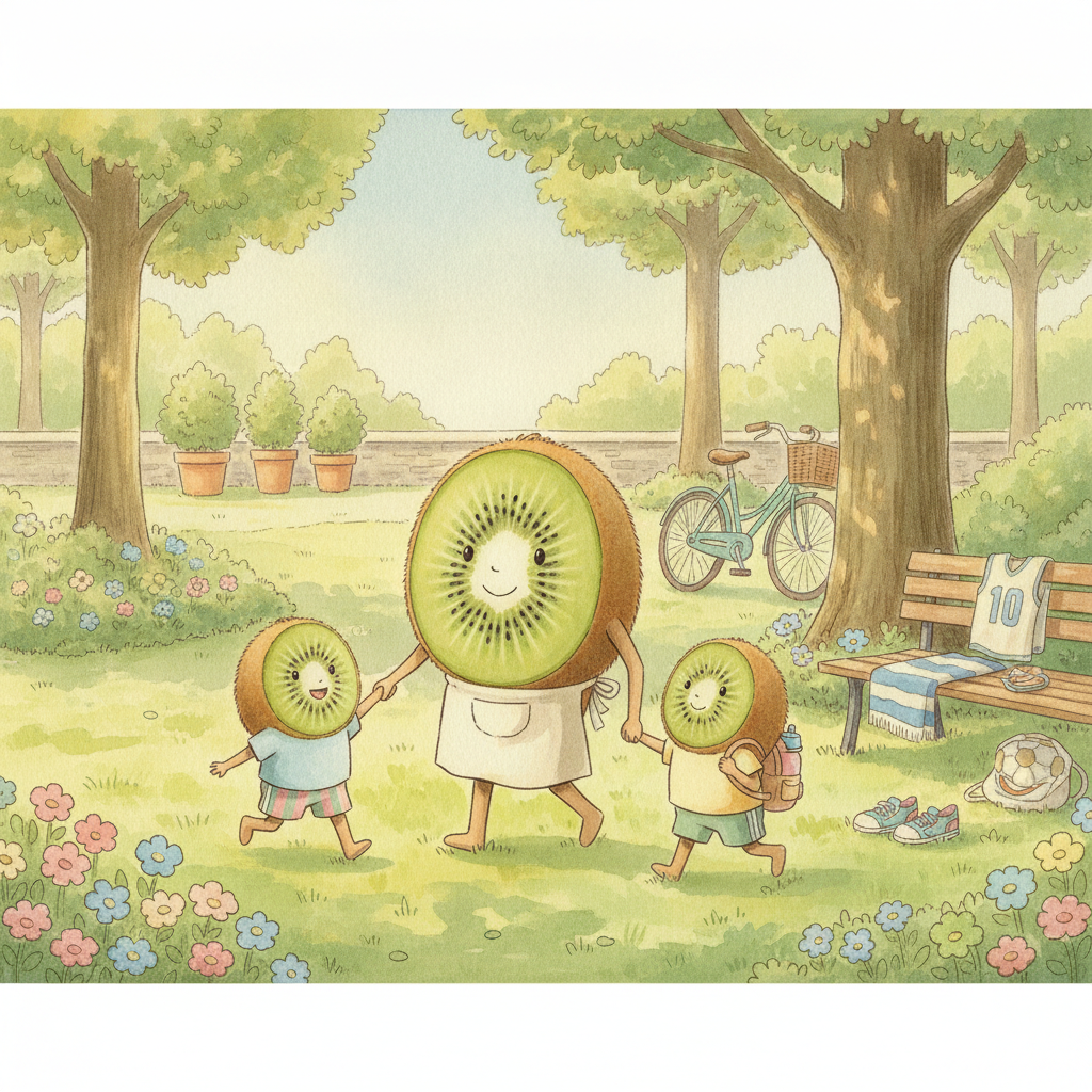 Illustration aquarelle de personnages kiwi-fruits jouant en plein air l'été — seconde main enfants Petit Kiwi
