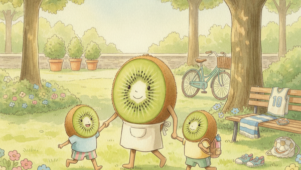 Illustration aquarelle de personnages kiwi-fruits jouant en plein air l'été — seconde main enfants Petit Kiwi