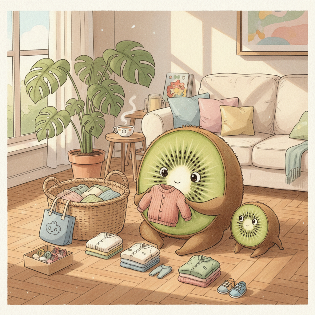 Petit Kiwi — illustration aquarelle : maman kiwi-fruit trie des vêtements d'enfants pour un dépôt en seconde main