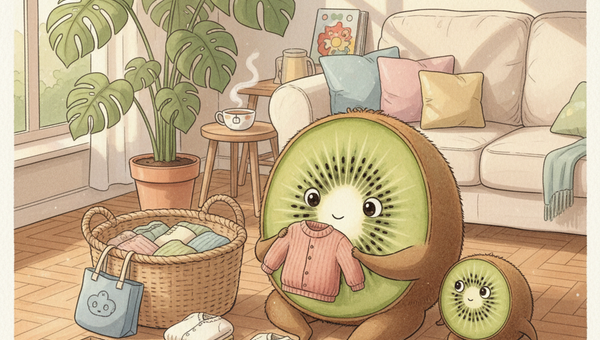 Petit Kiwi — illustration aquarelle : maman kiwi-fruit trie des vêtements d'enfants pour un dépôt en seconde main