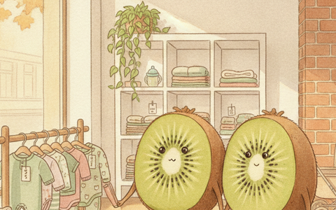 Illustration Petit Kiwi seconde main — parents kiwi-fruits qui chinent des vêtements bébé dans une boutique de seconde main chaleureuse