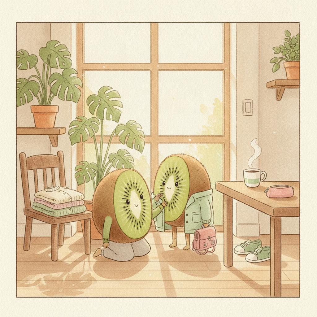 Illustration Petit Kiwi aquarelle — personnages kiwi-fruits préparent la rentrée scolaire en seconde main dans un intérieur belge chaleureux