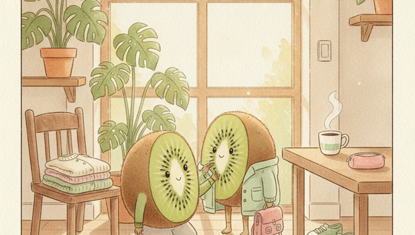 Illustration Petit Kiwi aquarelle — personnages kiwi-fruits préparent la rentrée scolaire en seconde main dans un intérieur belge chaleureux