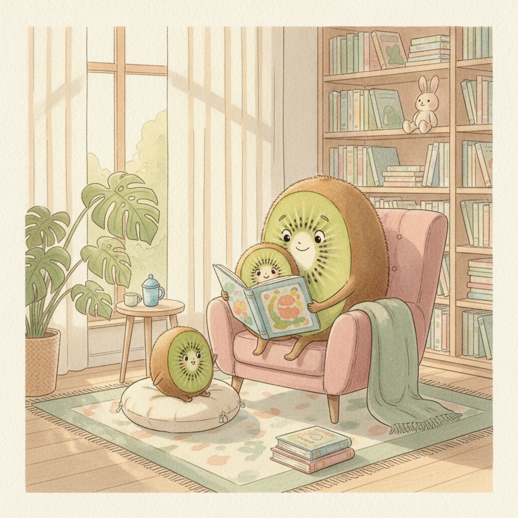 Famille kiwi lisant ensemble dans un coin lecture chaleureux — Petit Kiwi, livres jeunesse en seconde main à Eghezée
