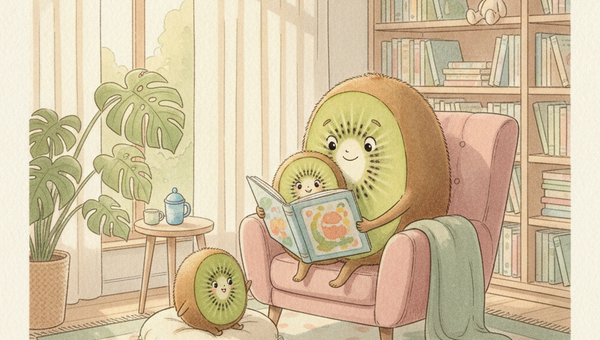 Famille kiwi lisant ensemble dans un coin lecture chaleureux — Petit Kiwi, livres jeunesse en seconde main à Eghezée