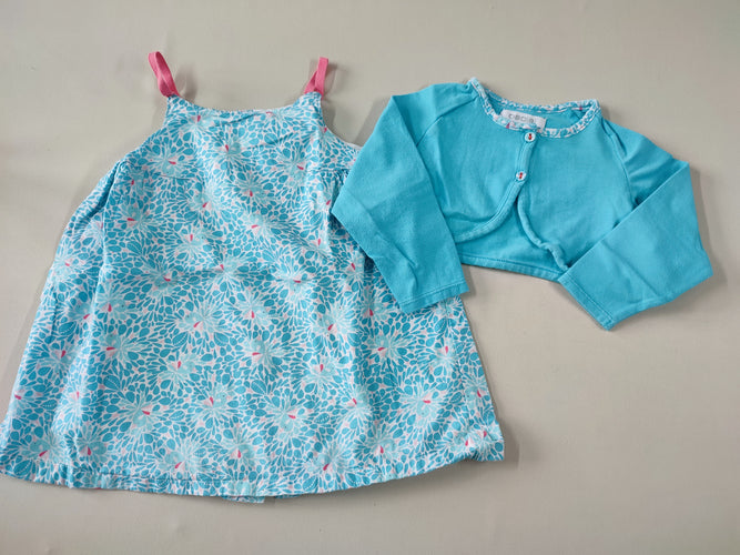 Robe fines bretelles blanche à motifs turquoise oiseaux + Boléro turquoise, moins cher chez Petit Kiwi
