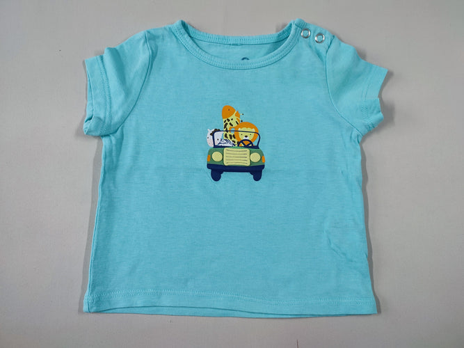 T-shirt m.c turquoise animaux en voiture, moins cher chez Petit Kiwi
