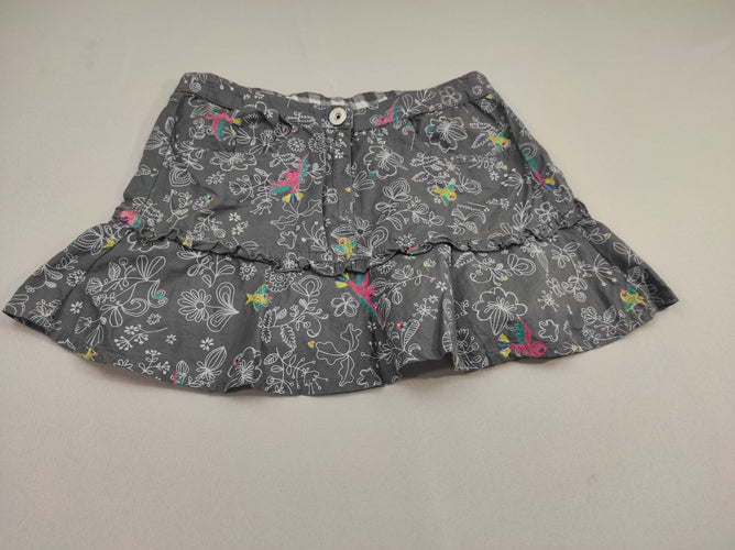 Jupe grise motifs fleurs, oiseaux brodés taille réglable, moins cher chez Petit Kiwi
