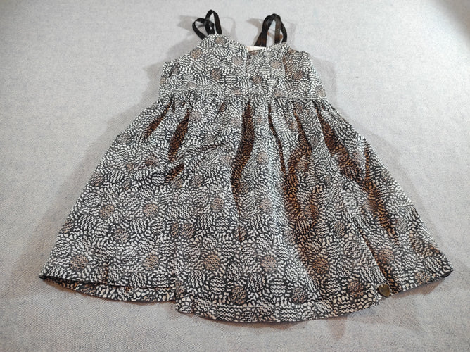 Robe fines doubles bretelles  noires , à motifs blancs, noirs, ocres, moins cher chez Petit Kiwi