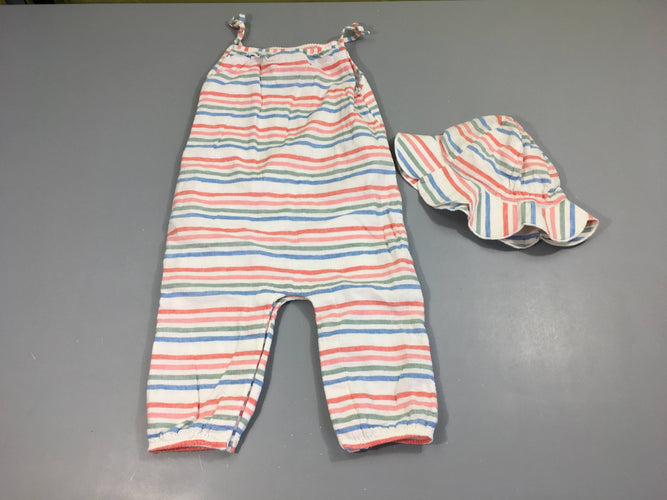 Combinaison blanc rayé couleur + Chapeau 20%Lin, moins cher chez Petit Kiwi