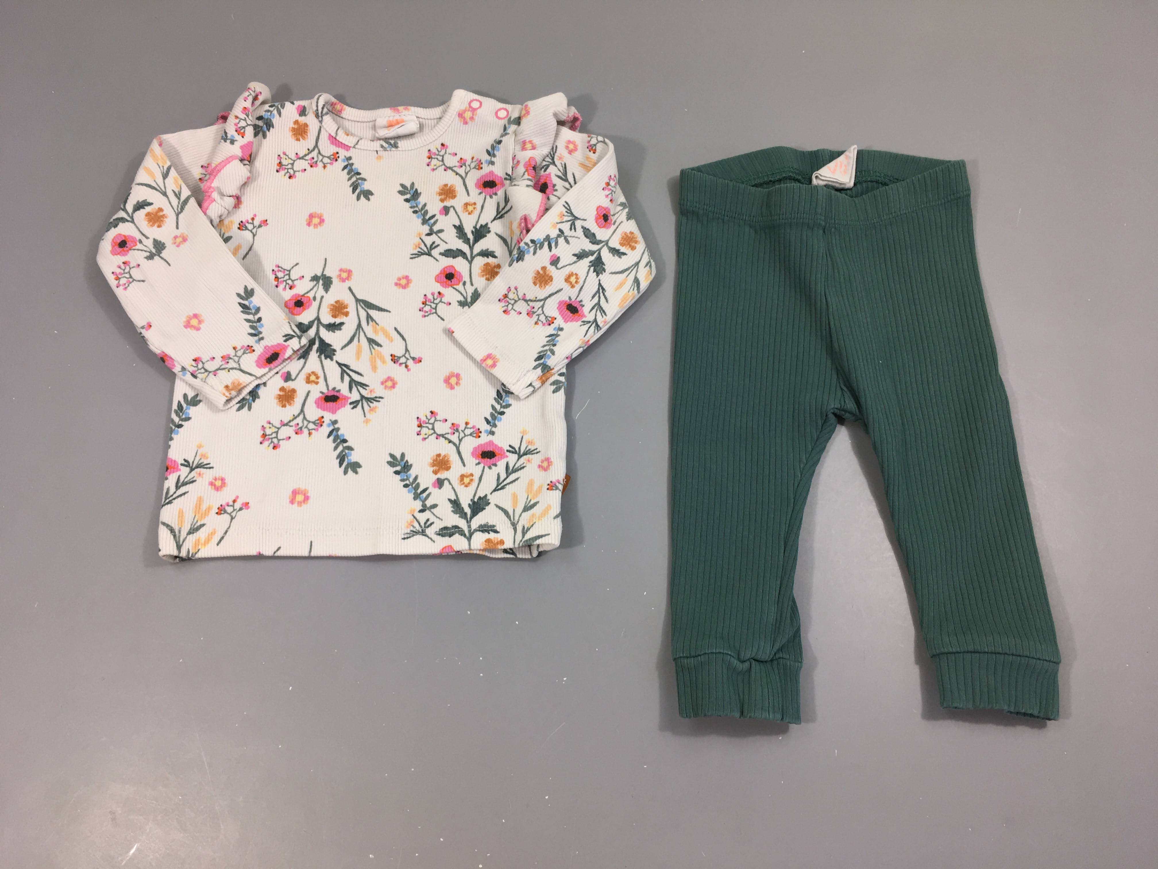 T-shirt m.l cotelé blanc grisé fleuri + legging vert