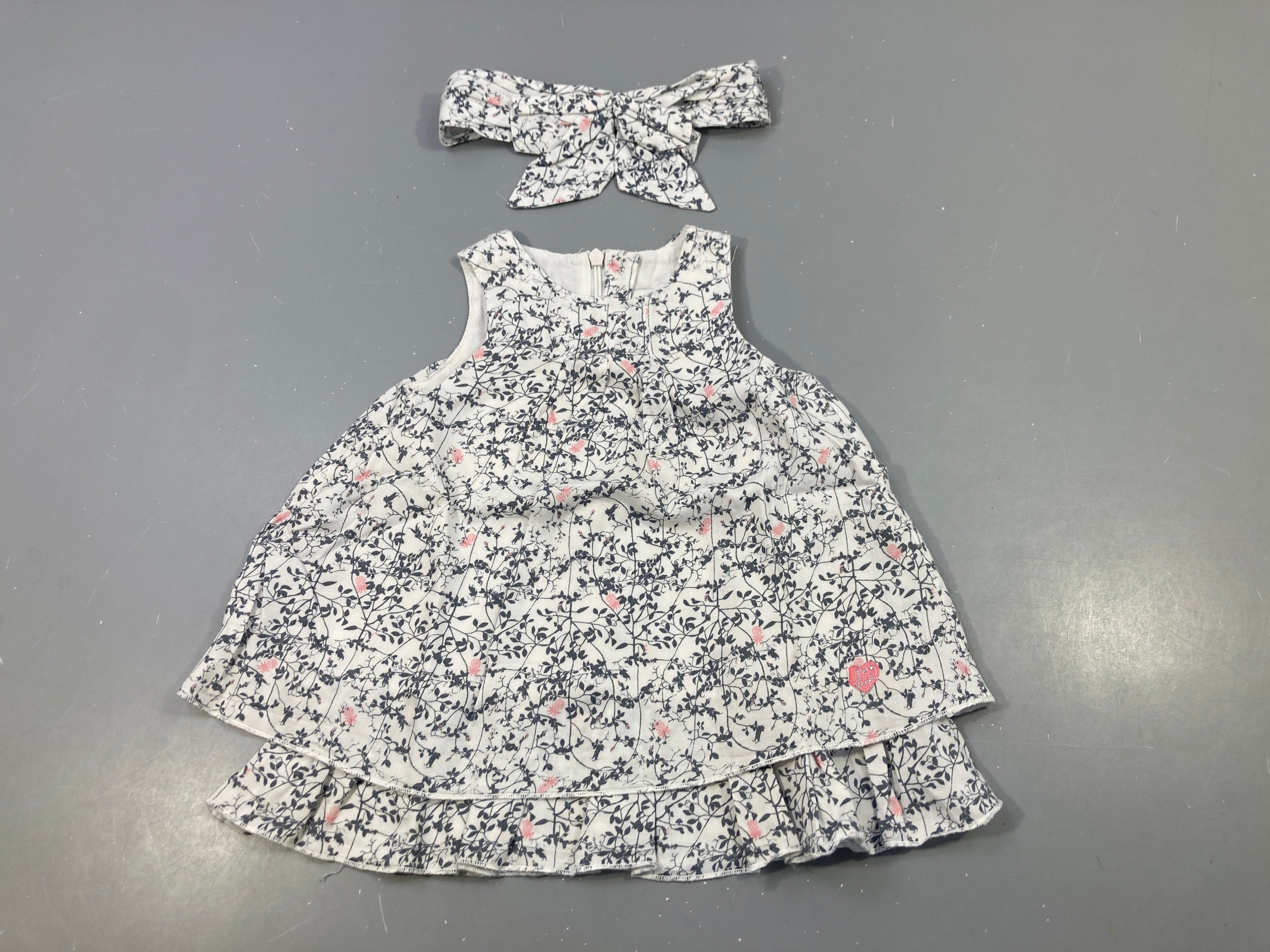 Robe s.m coton blanc feuillage gris + Bandeau